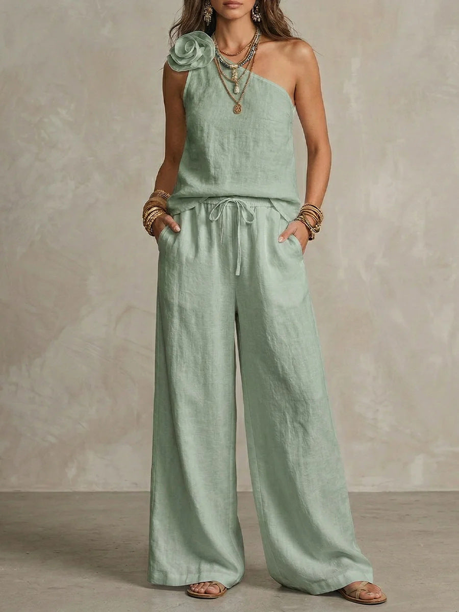 Dual | Conjunto Bicolor Elegante con Camisa Sin Mangas y Pantalones Anchos