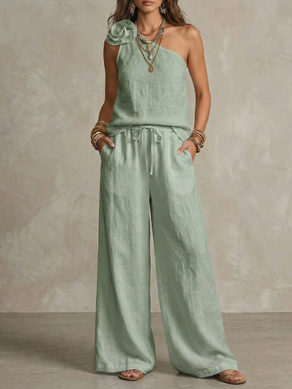 Dual | Conjunto Bicolor Elegante con Camisa Sin Mangas y Pantalones Anchos