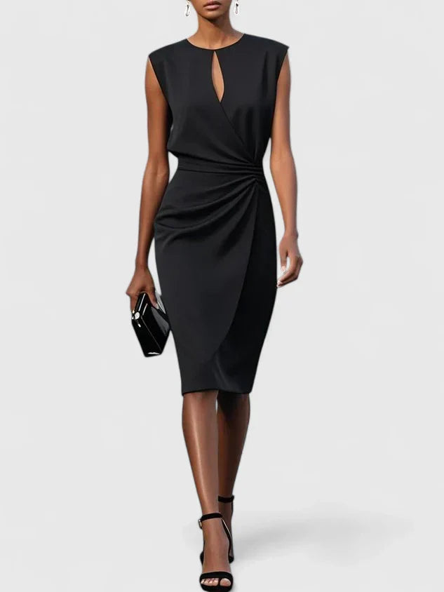 Vestido midi sofisticado con escote keyhole, drapeado lateral y corte entallado para mujer