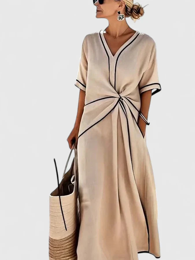Vestido maxi elegante con escote en V y detalle fruncido en la cintura para mujer, ligero y sofisticado para verano o evento