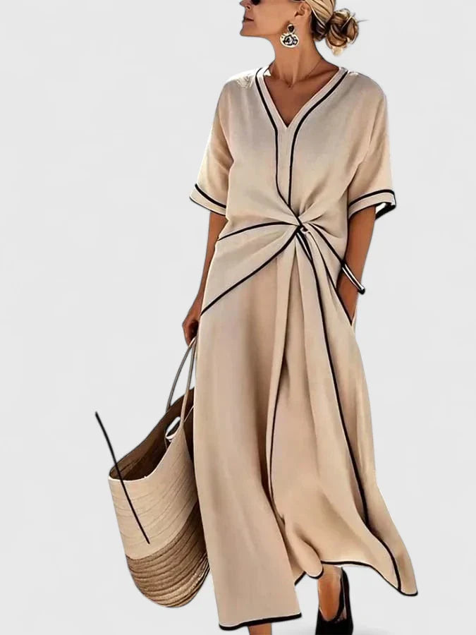 Vestido maxi elegante con escote en V y detalle fruncido en la cintura para mujer, ligero y sofisticado para verano o evento