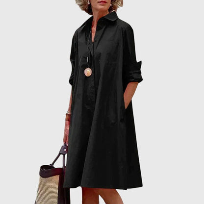 Vestido elegante con botones frontales, cuello camisero y bolsillos laterales para mujer, ligero y versátil para oficina o diario