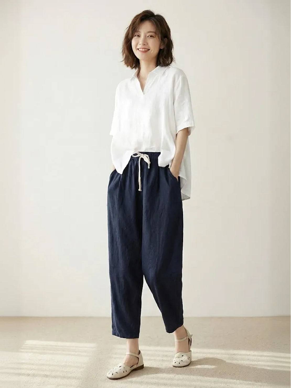 Pantalones anchos con cordón ajustable para mujer