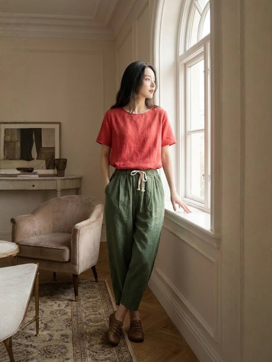 Pantalones anchos con cordón ajustable para mujer