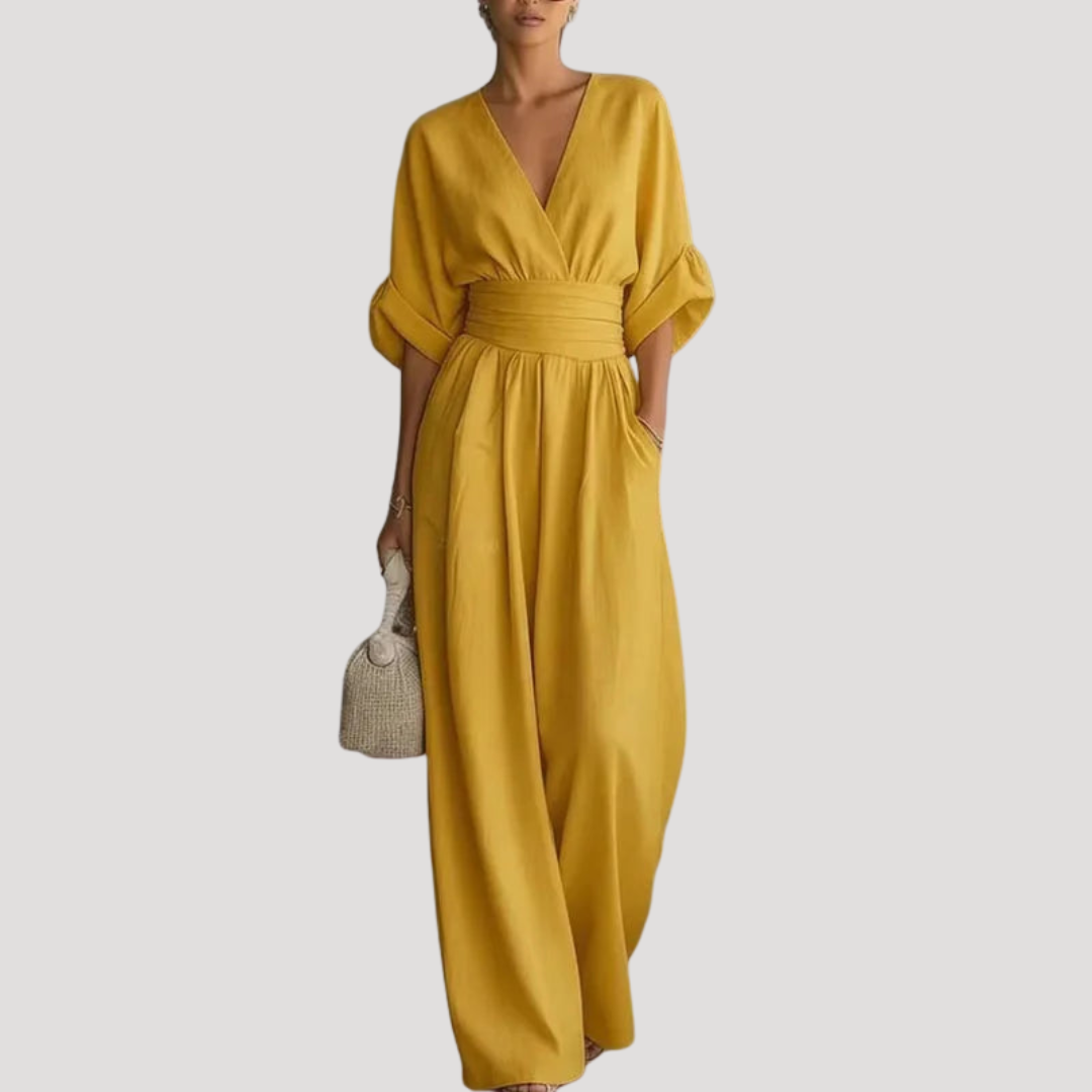 Mono de pierna ancha con detalle de cuello en V para mujer - Verano sofisticado