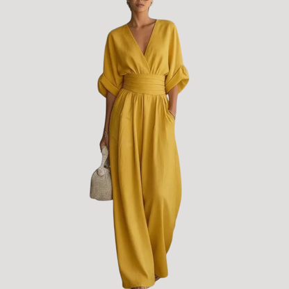 Mono de pierna ancha con detalle de cuello en V para mujer - Verano sofisticado