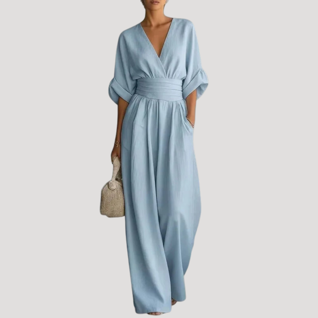 Mono de pierna ancha con detalle de cuello en V para mujer - Verano sofisticado