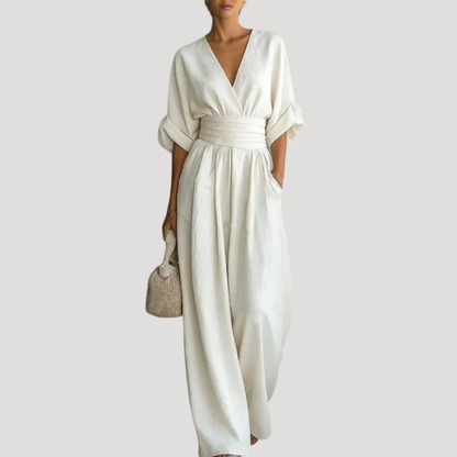 Mono de pierna ancha con detalle de cuello en V para mujer - Verano sofisticado