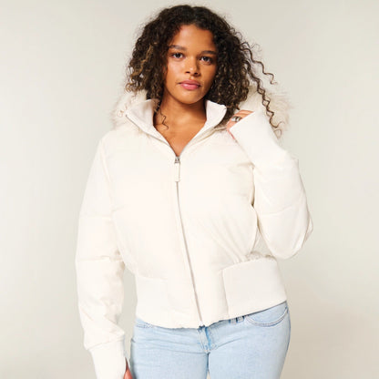 Fernanda | Women's Cropped Hooded Puffer Jacket - Cream - Image 4