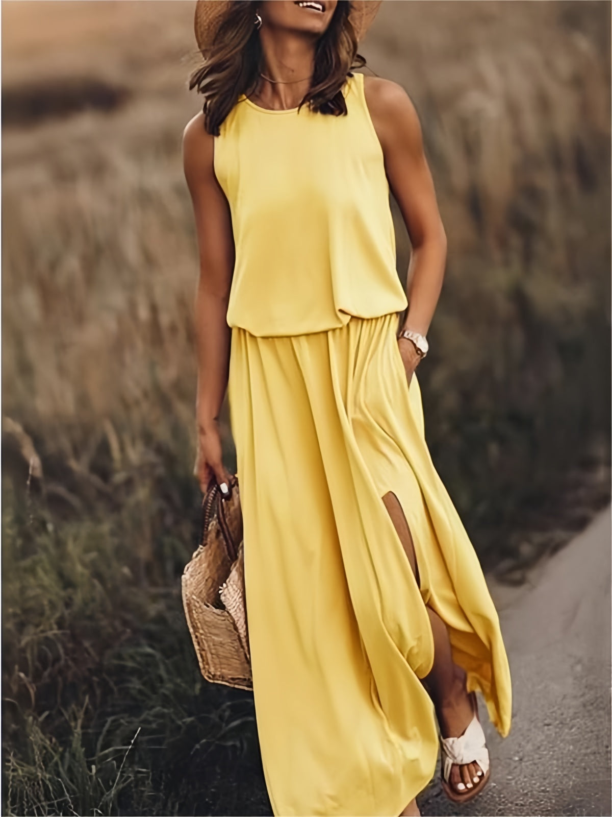 Fiona | Women's Sleeveless Blouson Maxi Dress - Yellow - Image 6