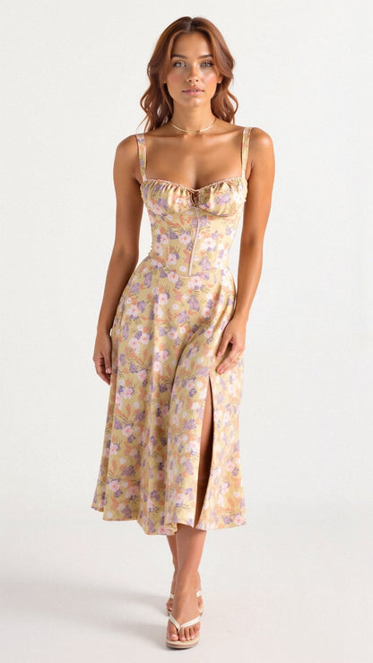 Floral Corset Midi Dress Sweetheart Neckline - Pink