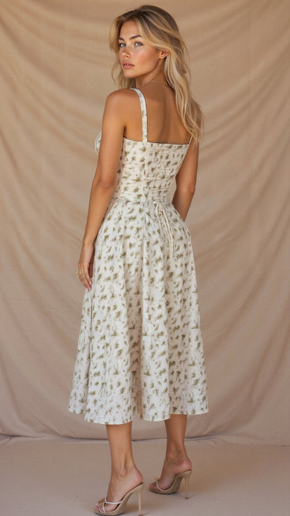 Vestido Midi Corsé floreado Escote Corazón Tirantes