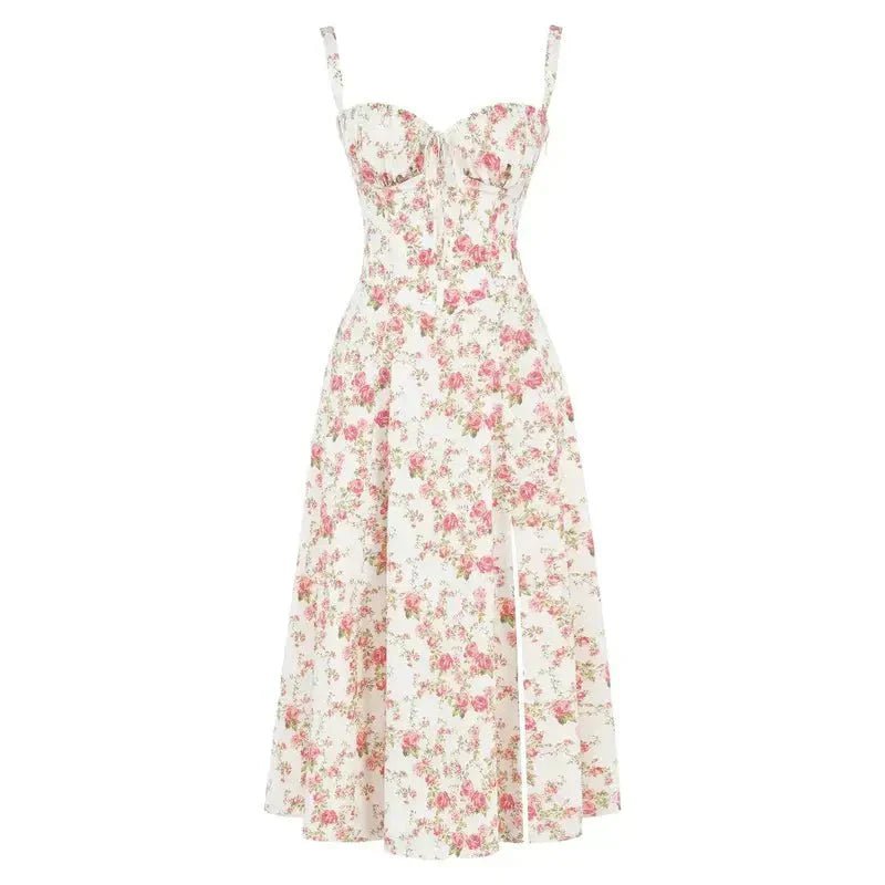 Vestido Midi Corsé floreado Escote Corazón Tirantes