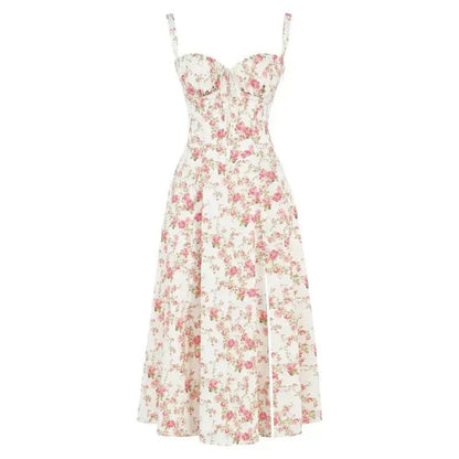 Vestido Midi Corsé floreado Escote Corazón Tirantes