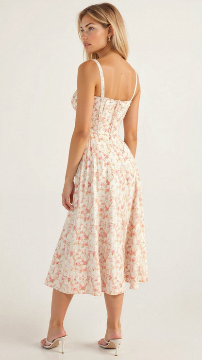 Vestido Midi Corsé floreado Escote Corazón Tirantes