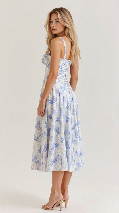 Vestido Midi Corsé floreado Escote Corazón Tirantes