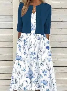 Vestido Midi Floral Manga Tres Cuartos Algodón Mezclado | Estilo Casual