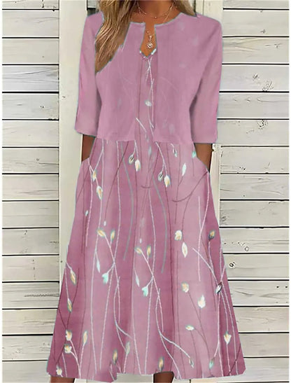 Vestido Midi Floral Manga Tres Cuartos Algodón Mezclado | Estilo Casual