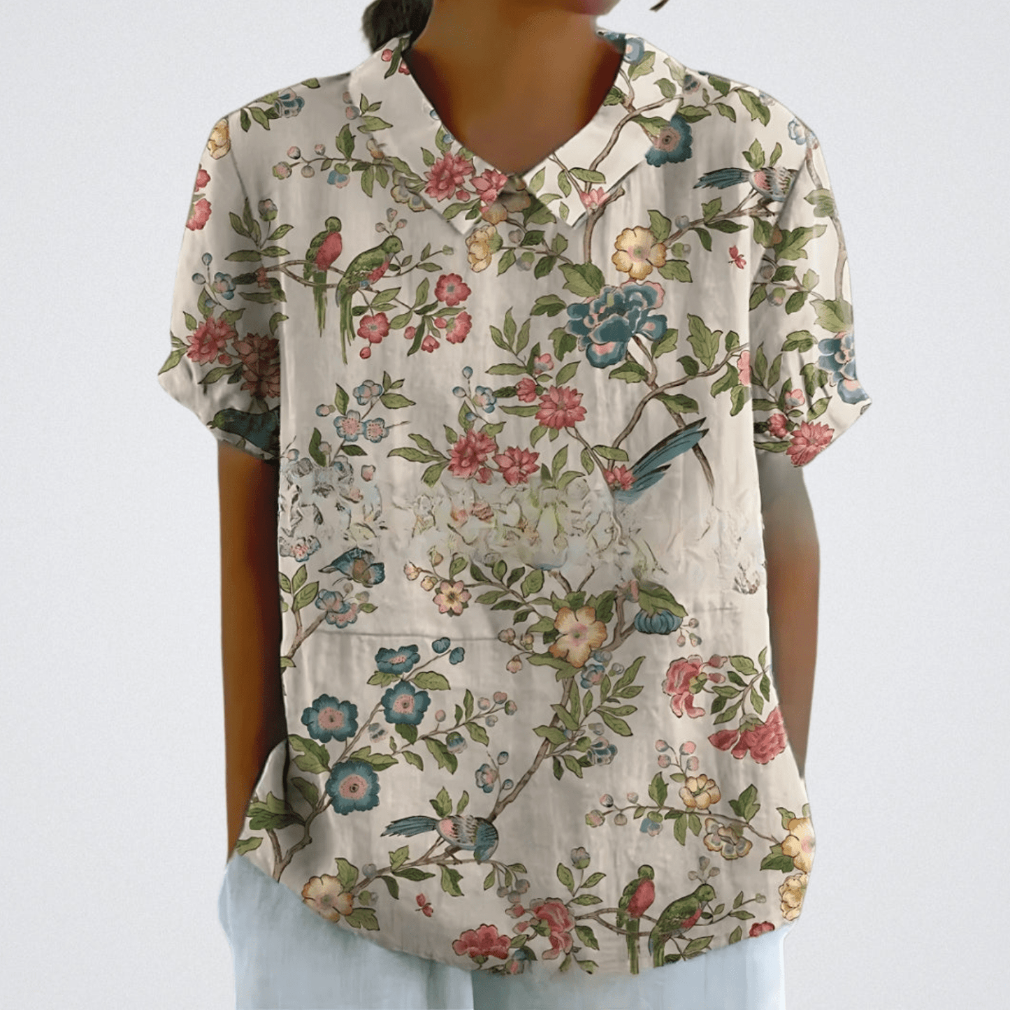 Blusa clásica estampada de manga corta para mujer, ligera y versátil para verano