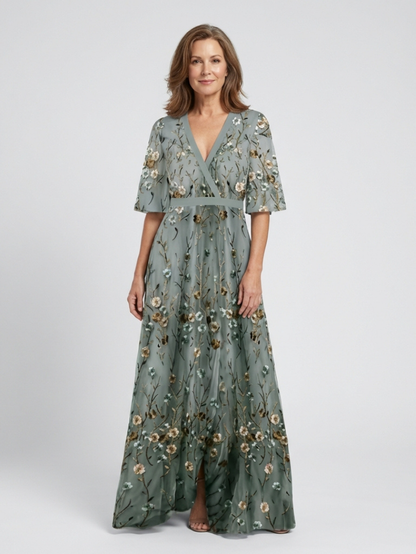 Vestido maxi con cuello en V floral en Verde - fresco y elegante