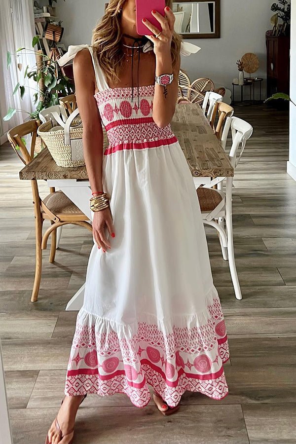 Gweneira | Women's Smocked Square Neck Boho Maxi Dress - White - Image 5