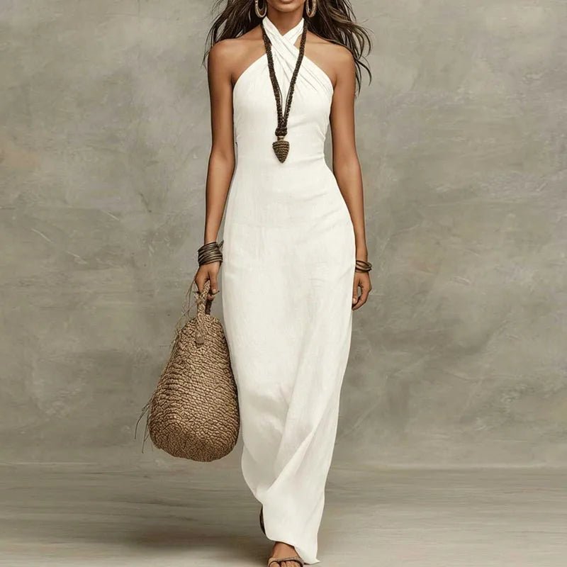 Halter Maxi Dress Criss Cross Neckline Sleeveless Bohemian - Black