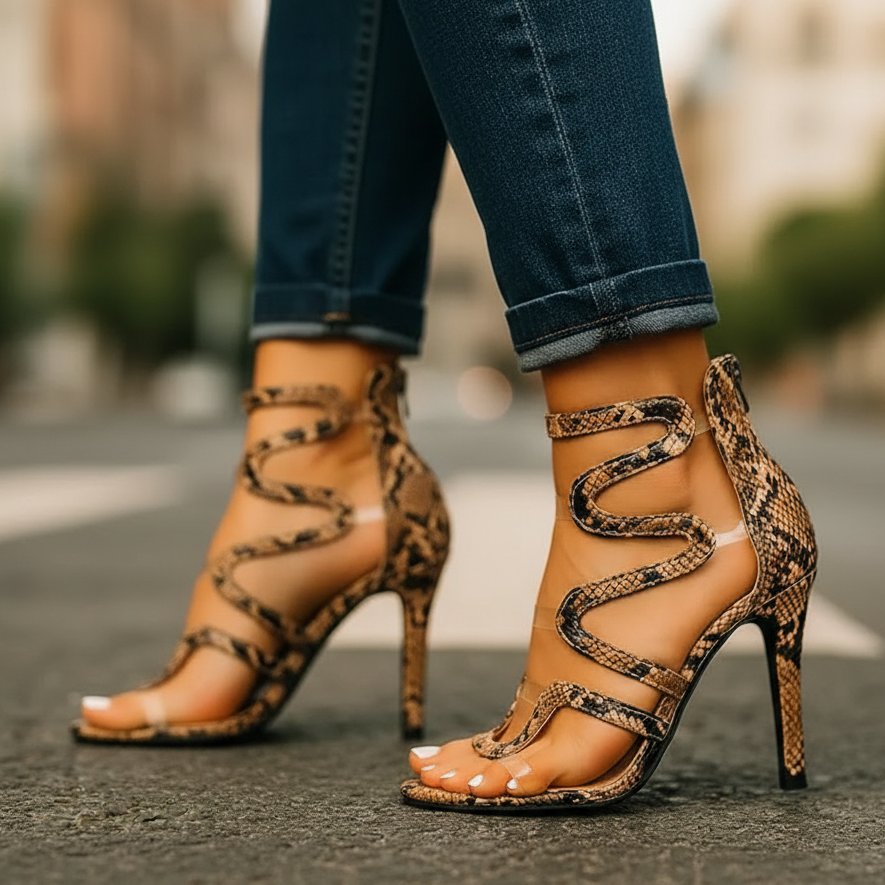 High Heels Snake Print Strappy Ankle Wrap Stiletto
