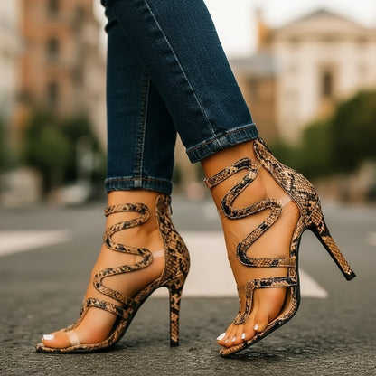 Zapatos de Tacón Estampado Serpiente con Tiras con Ajuste de Tobillo Tacón Stiletto