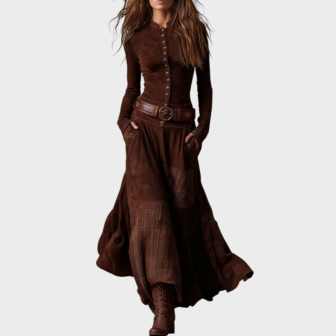 Ivana | Vestido Extravagante con Paneles de Cuadros Artesanales y Cinturón para Mujer