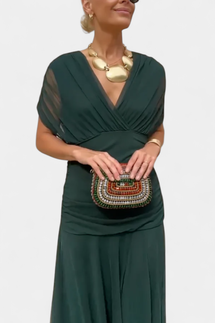 Maxivestido elegante de gasa con escote cruzado y manga fluida