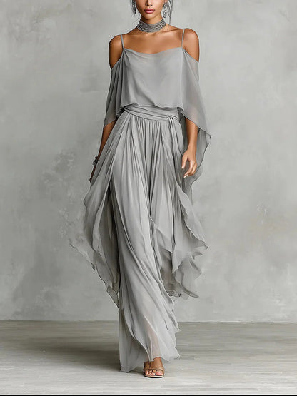 Isabela | Conjunto Fluido Gris con Top de Tirantes y Pantalones Ligeros para Mujer de Verano Bohemio