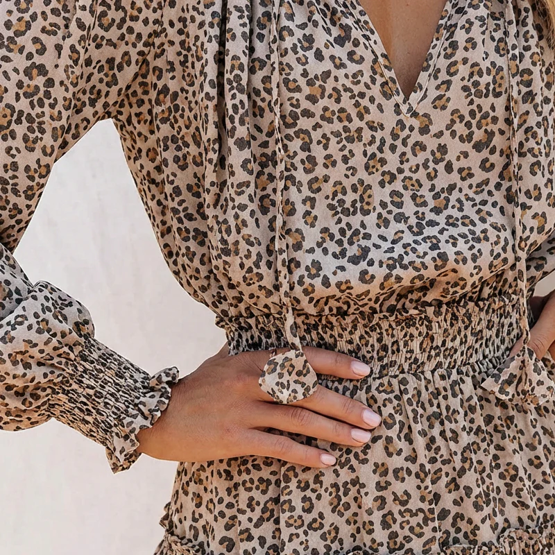 Vestido mini con escote en V, volantes y manga larga para mujer, ligero y elegante