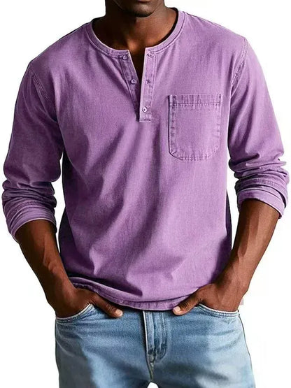 Camiseta casual para hombre con cuello henley y bolsillo en el pecho, estilo relajado y versátil