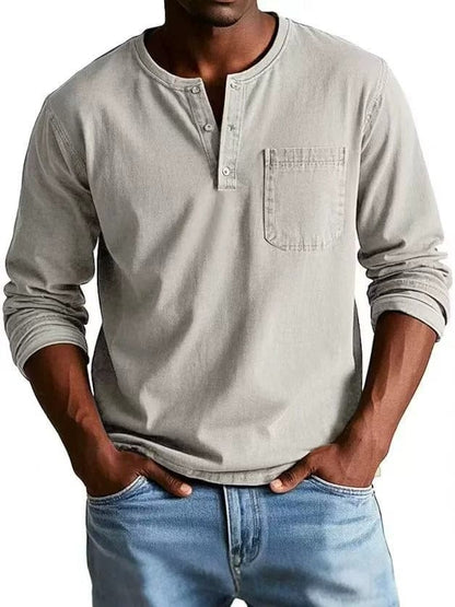 Camiseta casual para hombre con cuello henley y bolsillo en el pecho, estilo relajado y versátil