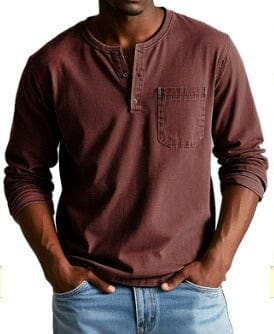 Camiseta casual para hombre con cuello henley y bolsillo en el pecho, estilo relajado y versátil