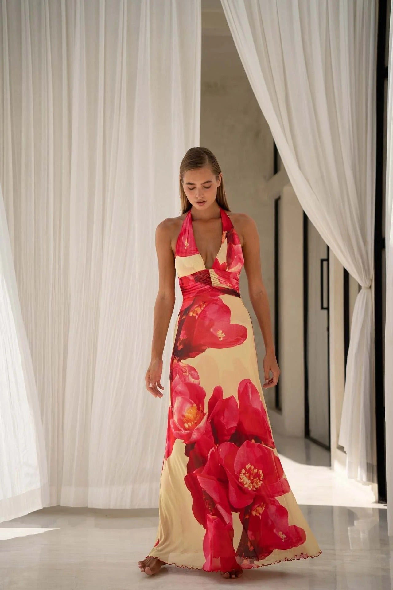 Vestido maxi con escote en V para mujer - Elegancia sofisticada para verano
