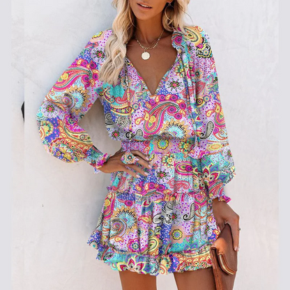 Vestido mini con escote en V, volantes y manga larga para mujer, ligero y elegante