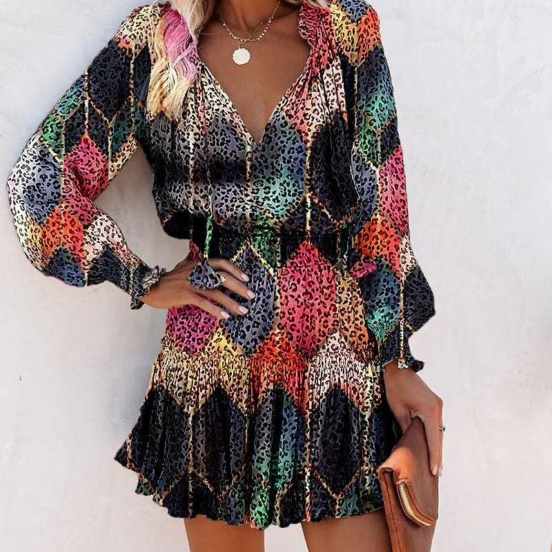 Vestido mini con escote en V, volantes y manga larga para mujer, ligero y elegante