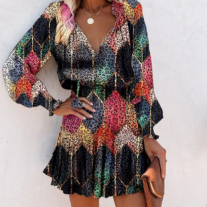 Vestido mini con escote en V, volantes y manga larga para mujer, ligero y elegante