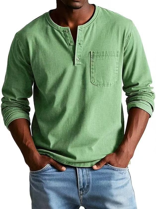 Camiseta casual para hombre con cuello henley y bolsillo en el pecho, estilo relajado y versátil