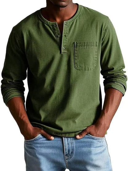 Camiseta casual para hombre con cuello henley y bolsillo en el pecho, estilo relajado y versátil