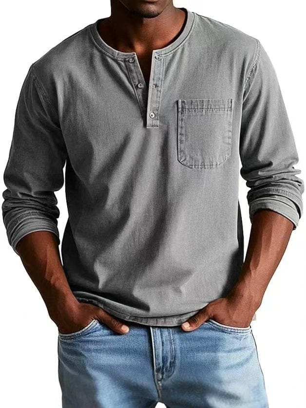 Camiseta casual para hombre con cuello henley y bolsillo en el pecho, estilo relajado y versátil