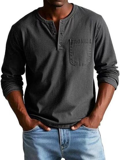 Camiseta casual para hombre con cuello henley y bolsillo en el pecho, estilo relajado y versátil
