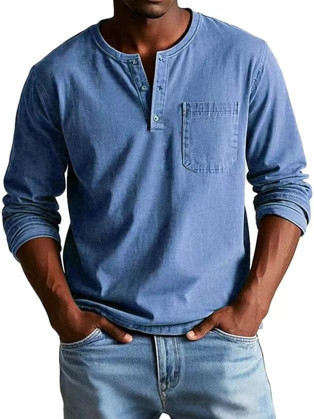 Camiseta casual para hombre con cuello henley y bolsillo en el pecho, estilo relajado y versátil