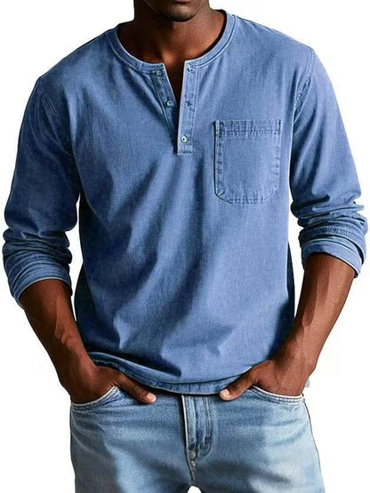Camiseta casual para hombre con cuello henley y bolsillo en el pecho, estilo relajado y versátil