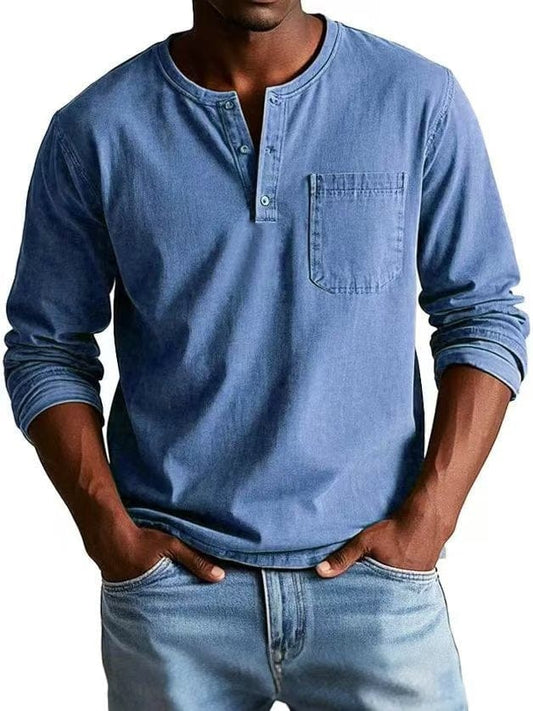 Camiseta casual para hombre con cuello henley y bolsillo en el pecho, estilo relajado y versátil