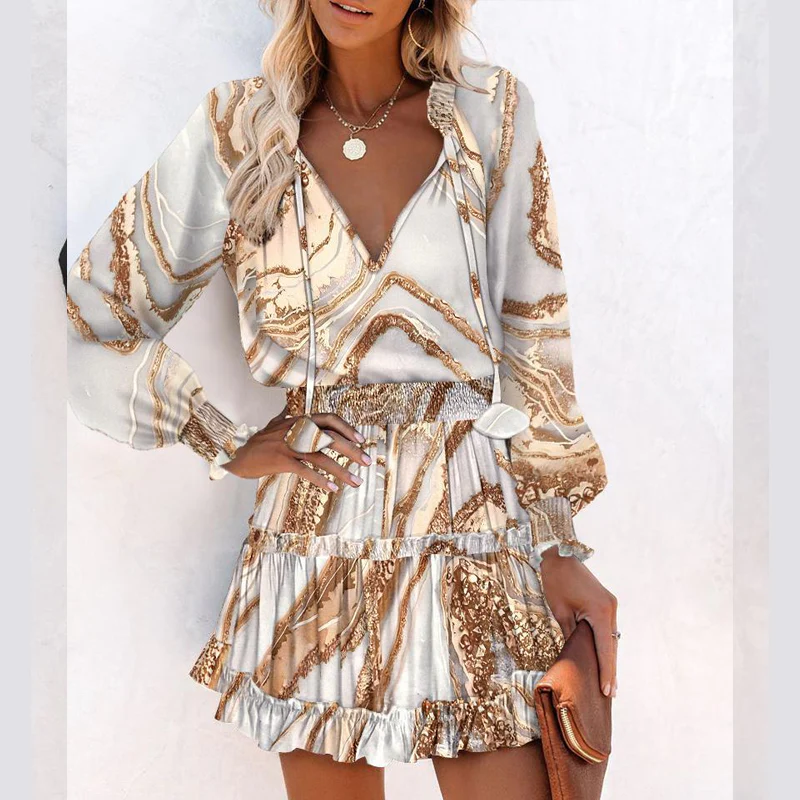 Vestido mini con escote en V, volantes y manga larga para mujer, ligero y elegante
