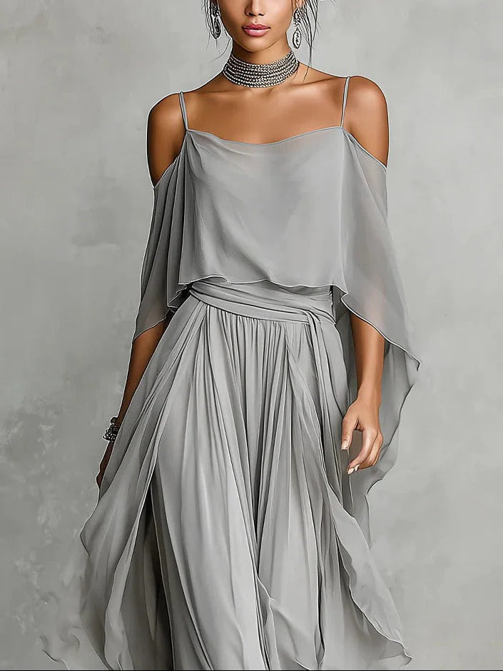 Isabela | Conjunto Fluido Gris con Top de Tirantes y Pantalones Ligeros para Mujer de Verano Bohemio