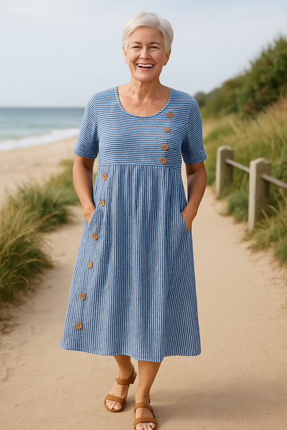 Iris | Women's Striped Short Sleeve Midi Dress with Buttons - Striped - Image 5