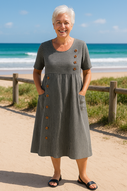 Vestido midi de rayas con manga corta y botones para mujer - Atemporal veraniego